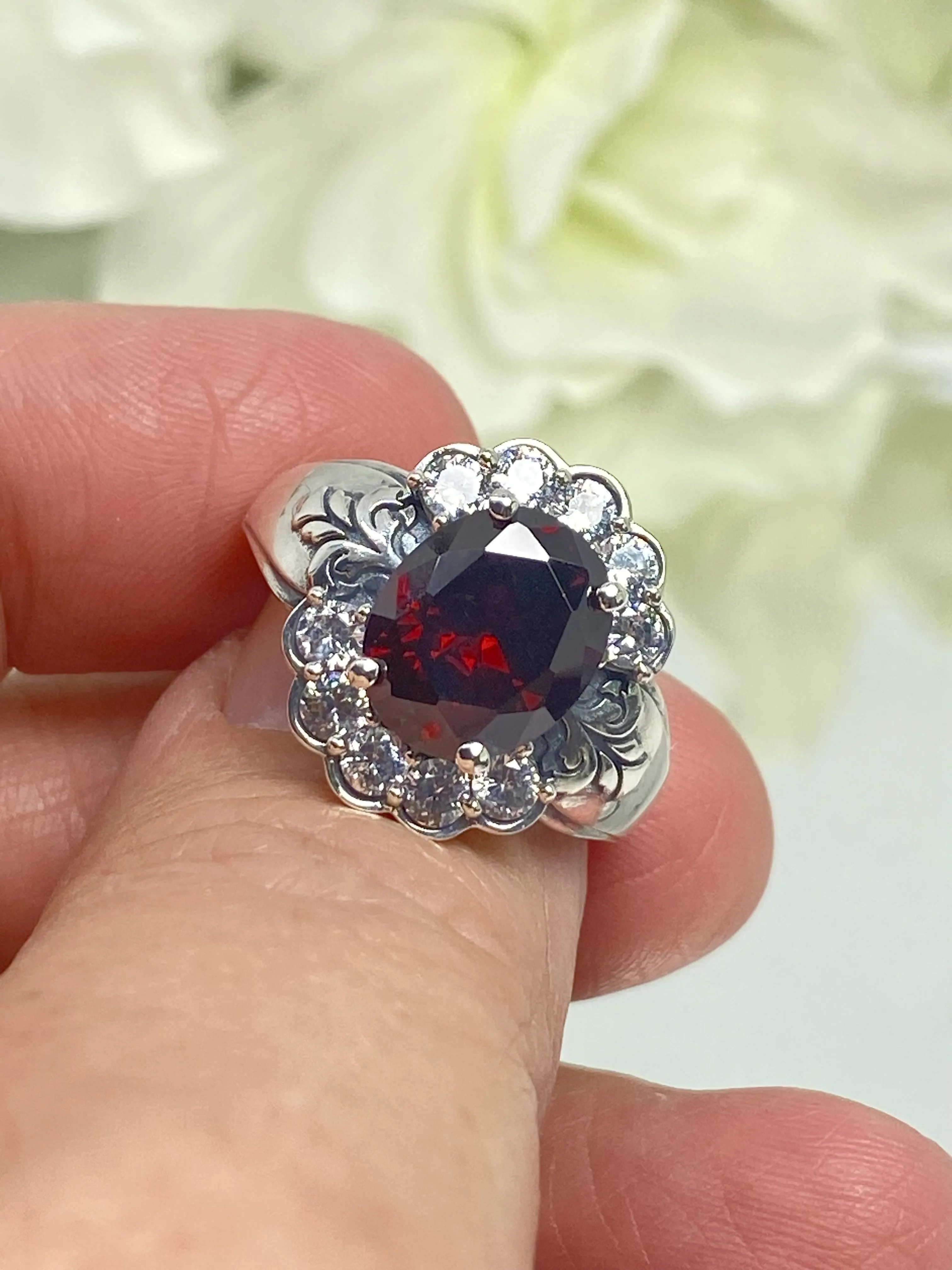 Garnet Ring, Size 8, Oval CZ Gemstone with White CZ accents, Starburst Victorian Filigree, D419 - Ready to Ship