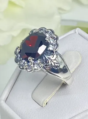 Garnet Ring, Size 8, Oval CZ Gemstone with White CZ accents, Starburst Victorian Filigree, D419 - Ready to Ship