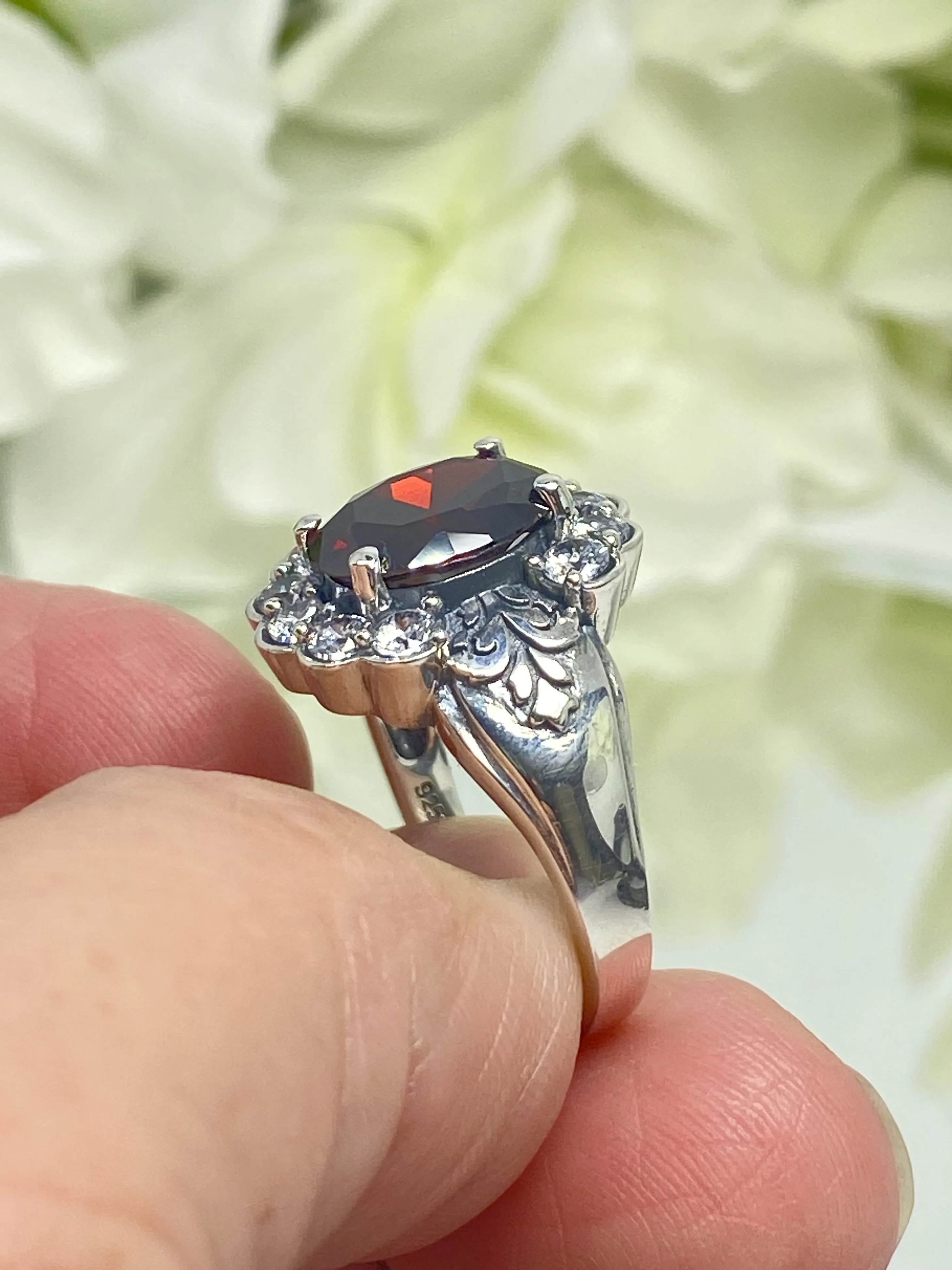Garnet Ring, Size 8, Oval CZ Gemstone with White CZ accents, Starburst Victorian Filigree, D419 - Ready to Ship