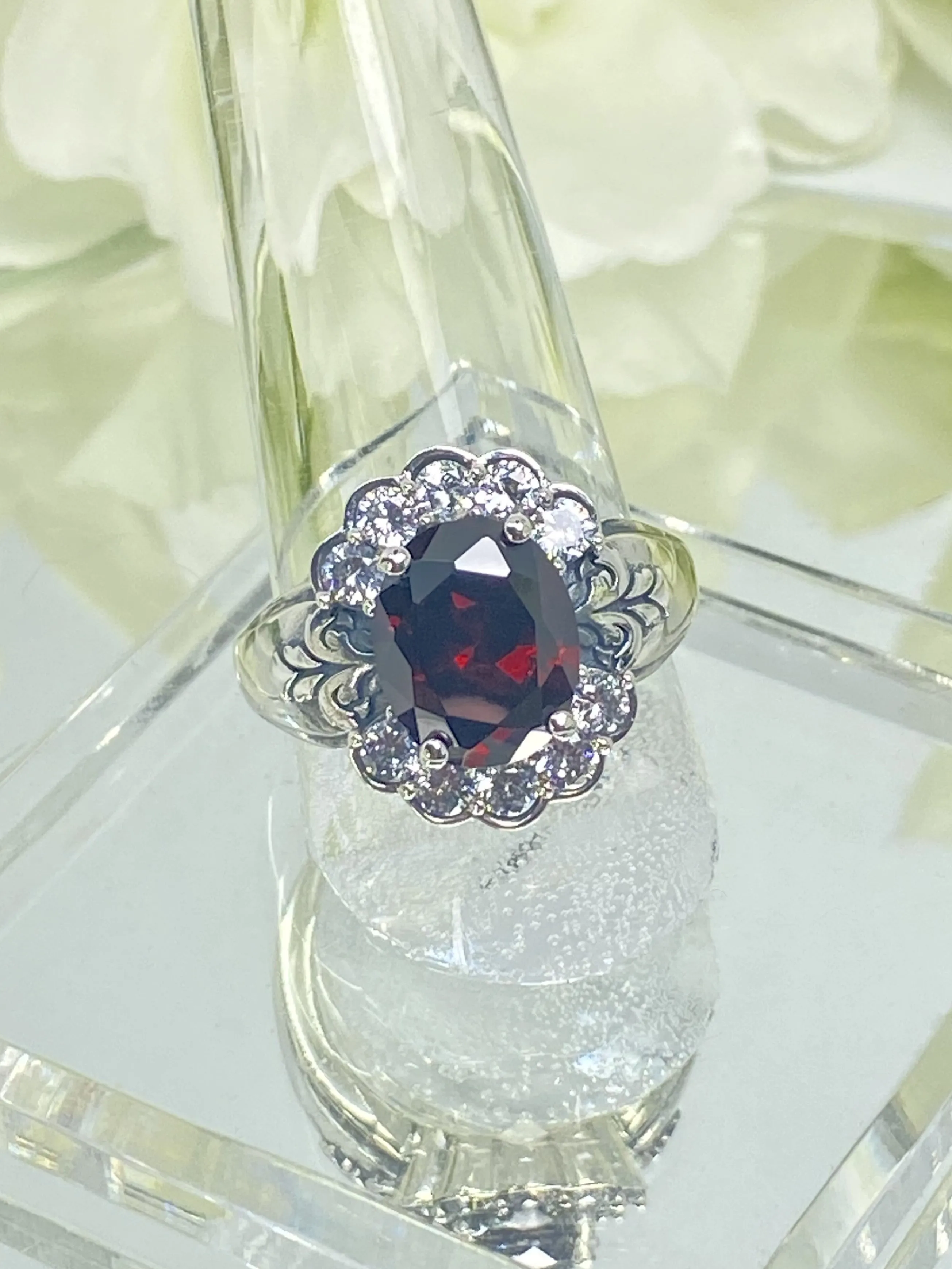Garnet Ring, Size 8, Oval CZ Gemstone with White CZ accents, Starburst Victorian Filigree, D419 - Ready to Ship