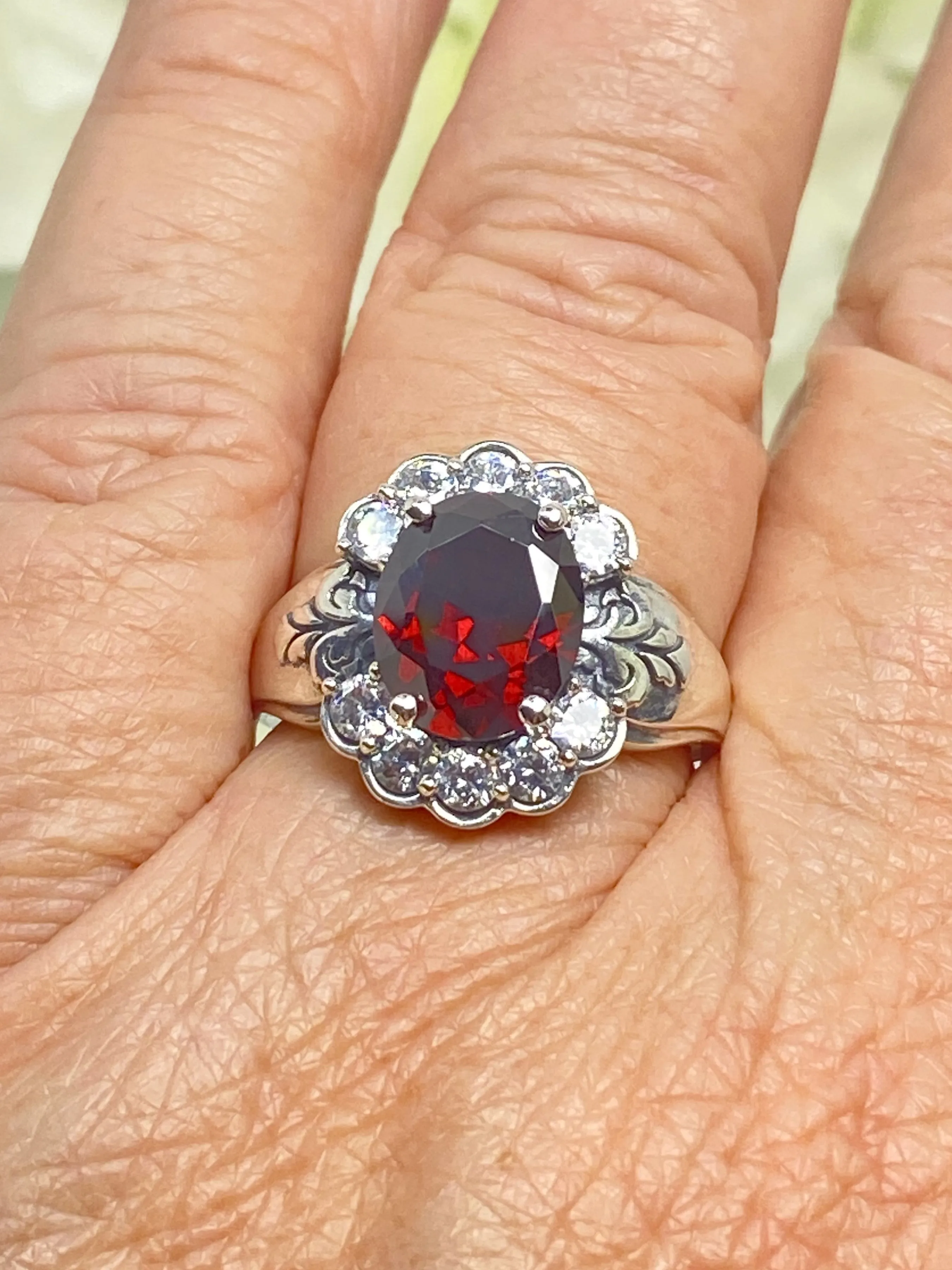 Garnet Ring, Size 8, Oval CZ Gemstone with White CZ accents, Starburst Victorian Filigree, D419 - Ready to Ship