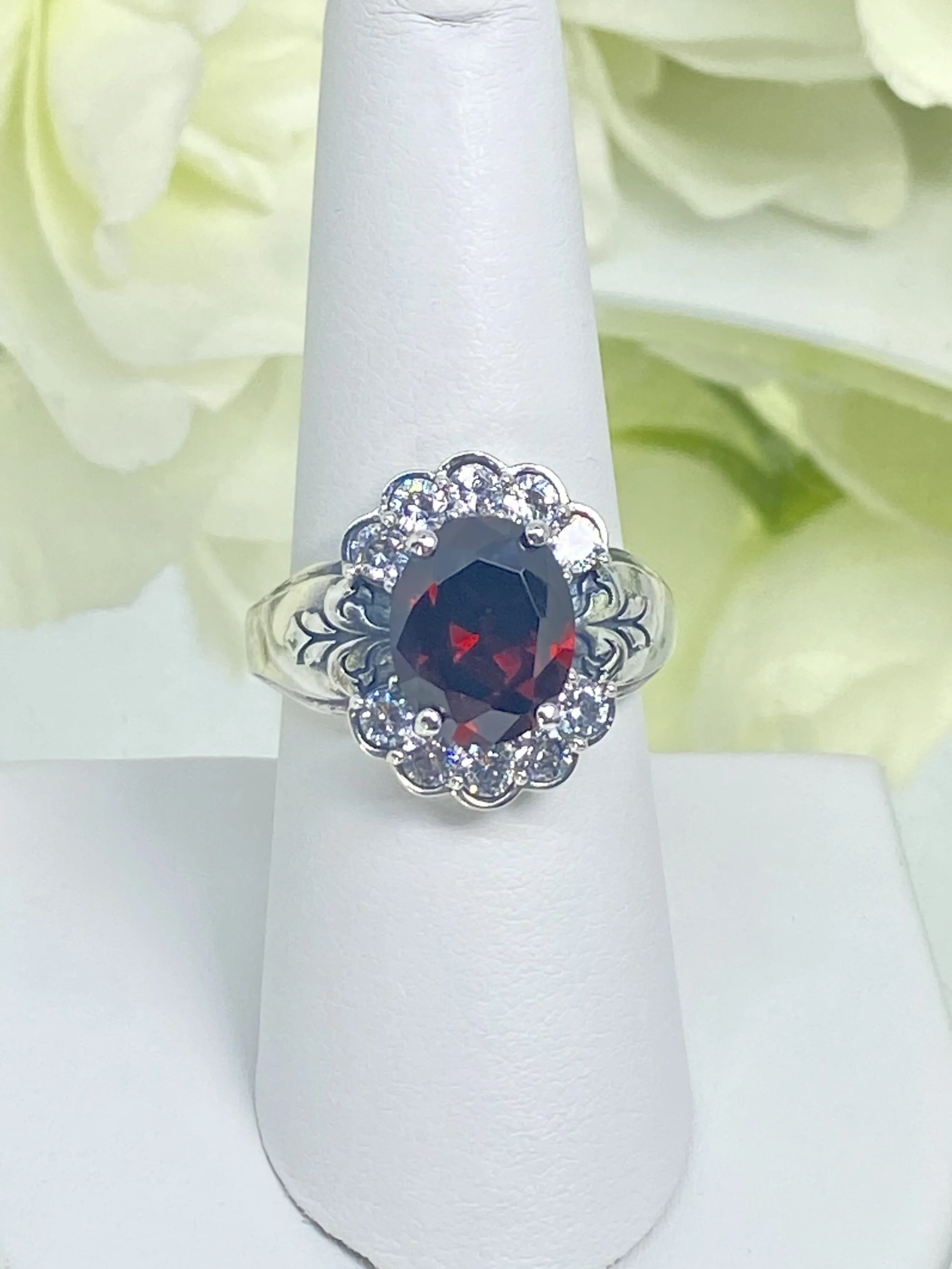 Garnet Ring, Size 8, Oval CZ Gemstone with White CZ accents, Starburst Victorian Filigree, D419 - Ready to Ship