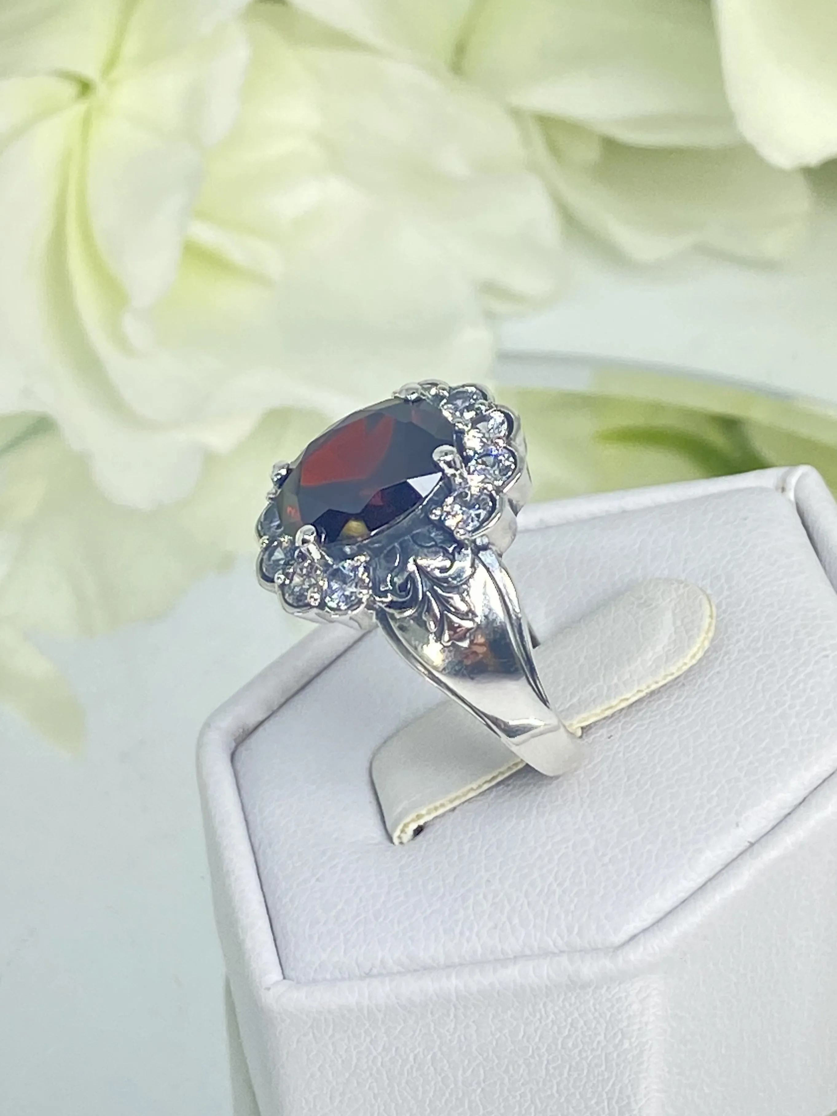 Garnet Ring, Size 8, Oval CZ Gemstone with White CZ accents, Starburst Victorian Filigree, D419 - Ready to Ship