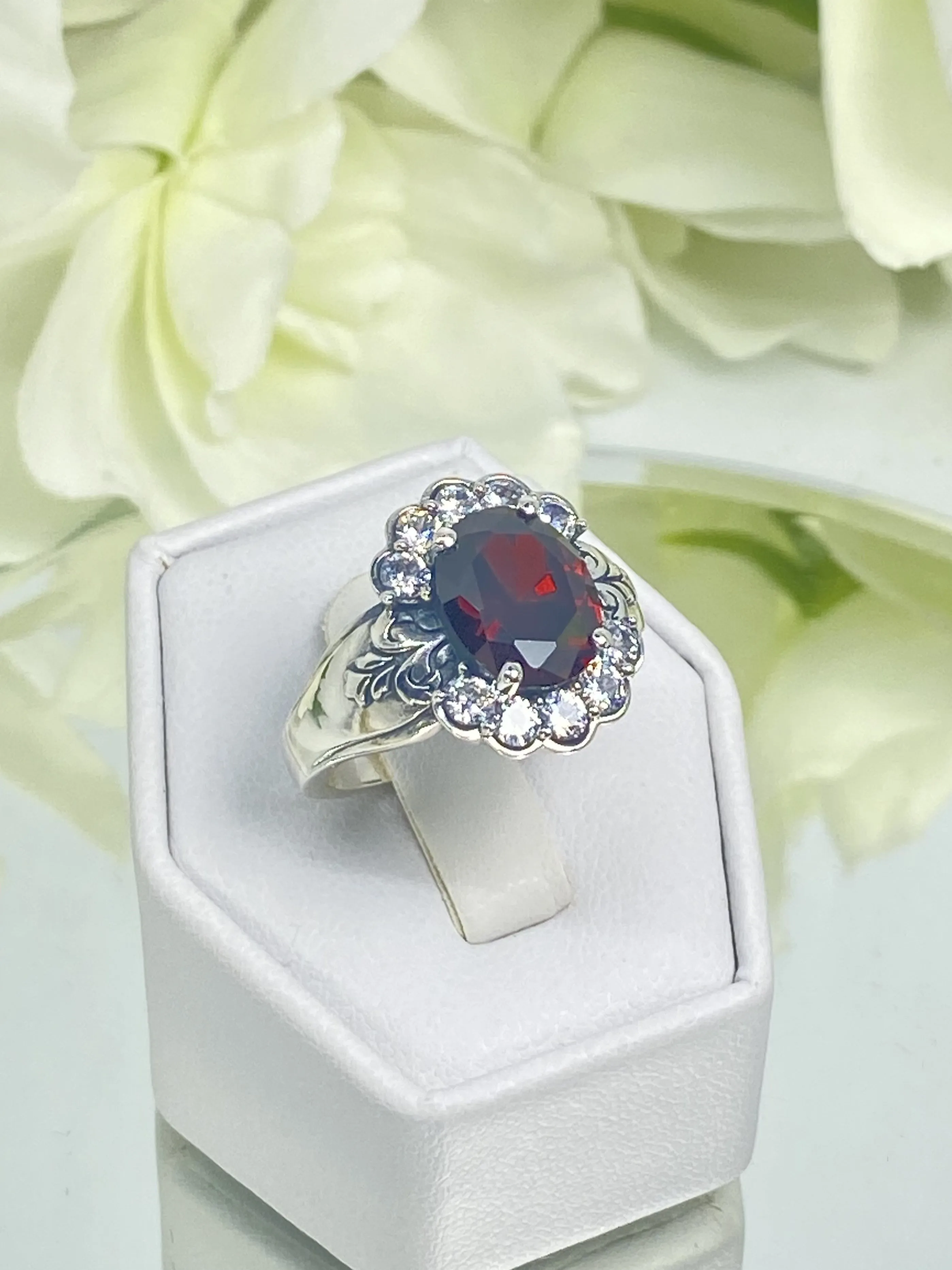 Garnet Ring, Size 8, Oval CZ Gemstone with White CZ accents, Starburst Victorian Filigree, D419 - Ready to Ship