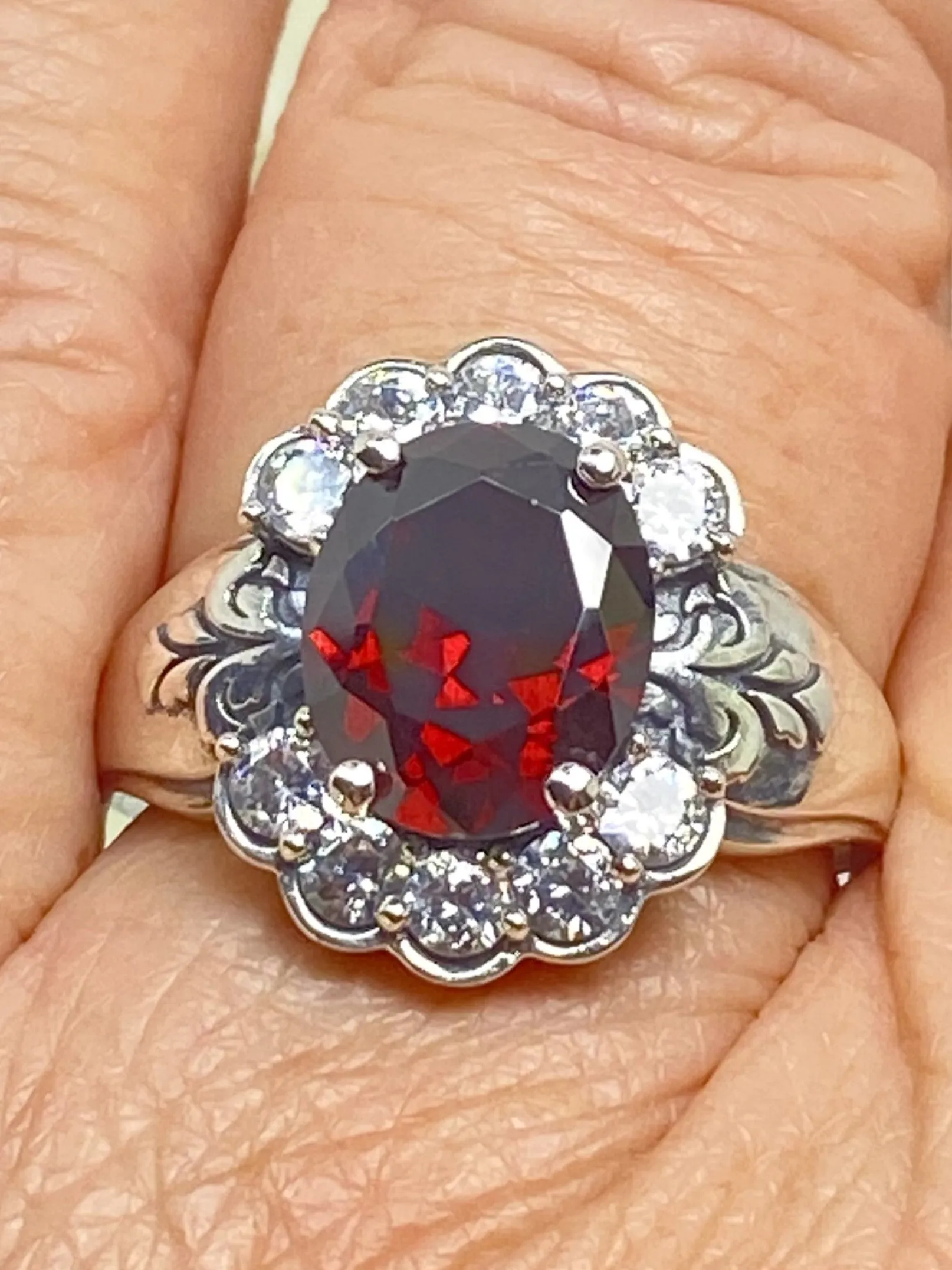 Garnet Ring, Size 8, Oval CZ Gemstone with White CZ accents, Starburst Victorian Filigree, D419 - Ready to Ship