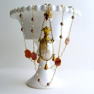 Garnet Slices Pearls Chatelaine Shell Scent Bottle Necklace - Guinevere II Necklace