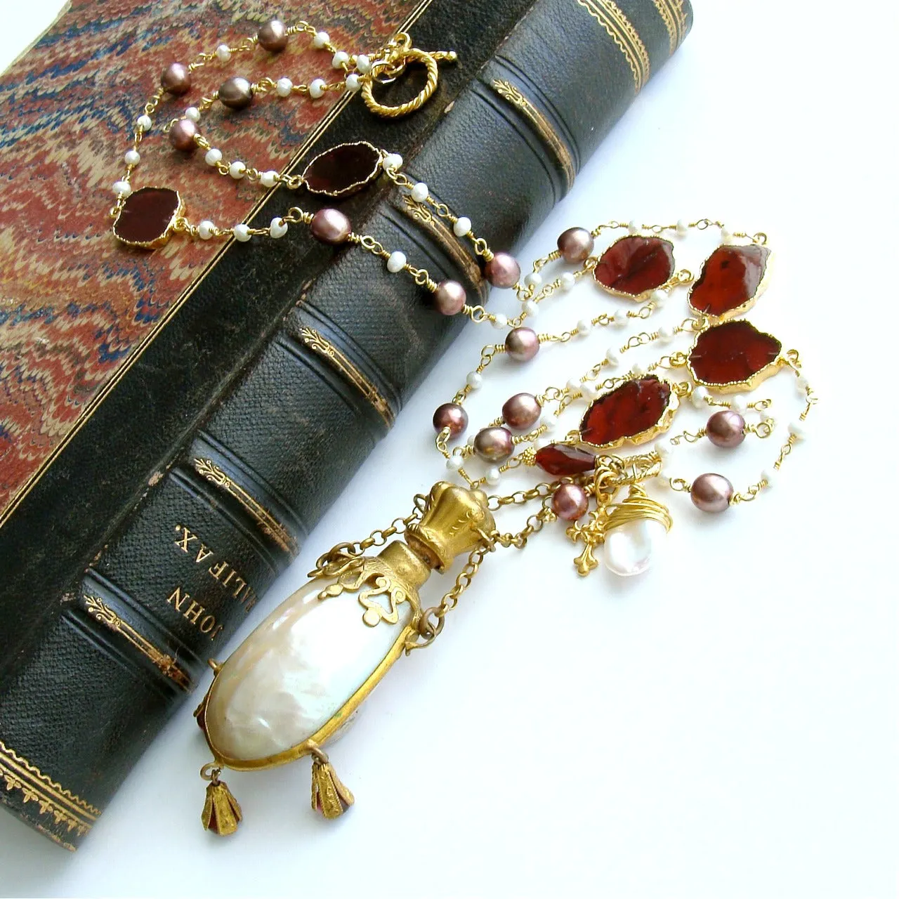 Garnet Slices Pearls Chatelaine Shell Scent Bottle Necklace - Guinevere II Necklace