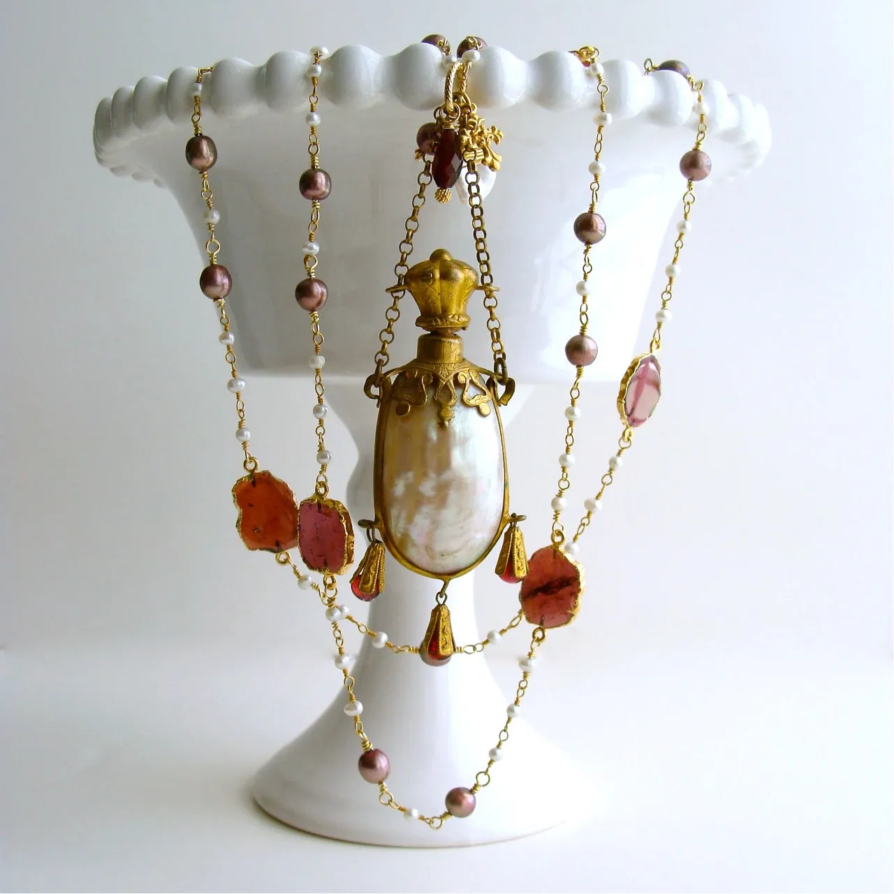 Garnet Slices Pearls Chatelaine Shell Scent Bottle Necklace - Guinevere II Necklace