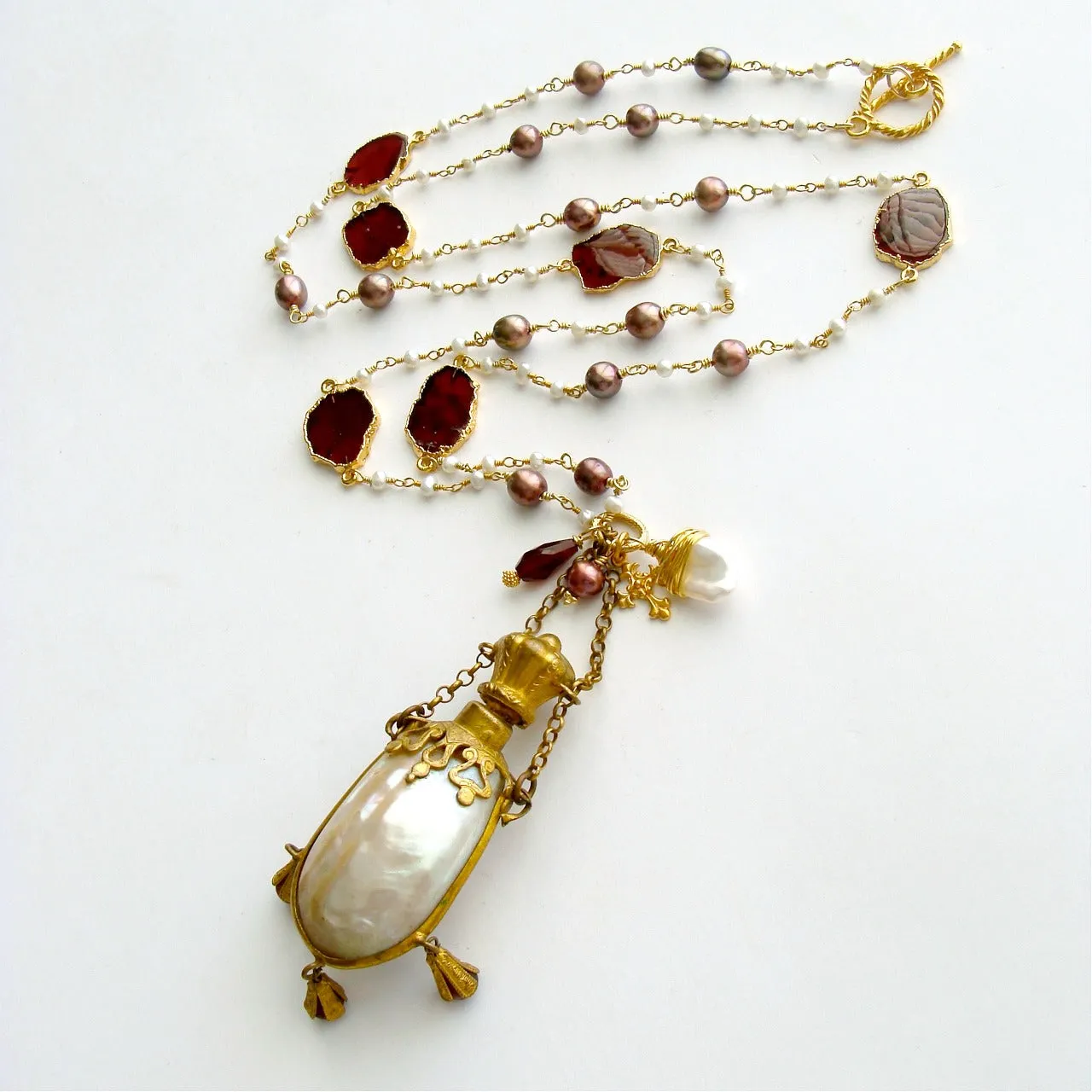 Garnet Slices Pearls Chatelaine Shell Scent Bottle Necklace - Guinevere II Necklace
