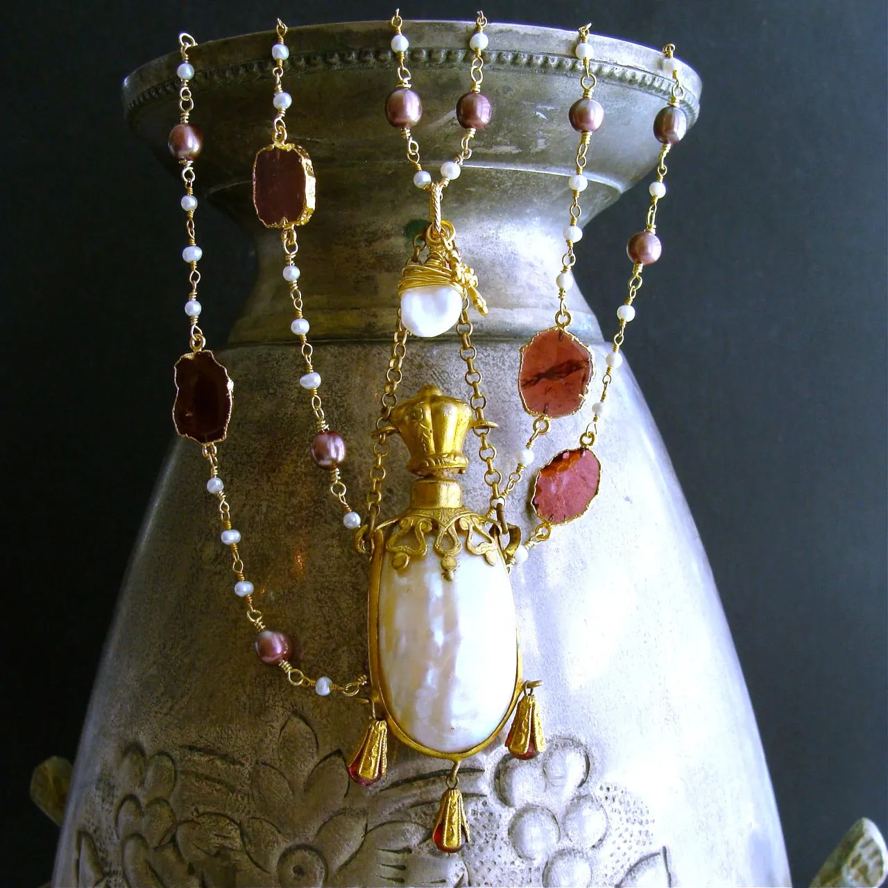 Garnet Slices Pearls Chatelaine Shell Scent Bottle Necklace - Guinevere II Necklace