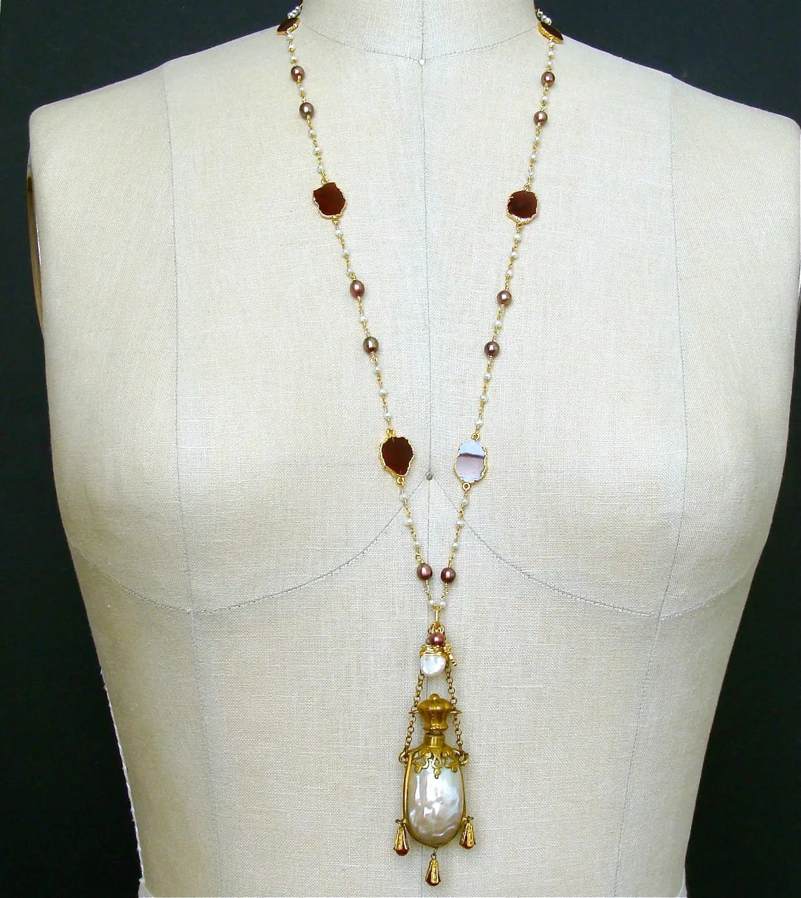 Garnet Slices Pearls Chatelaine Shell Scent Bottle Necklace - Guinevere II Necklace