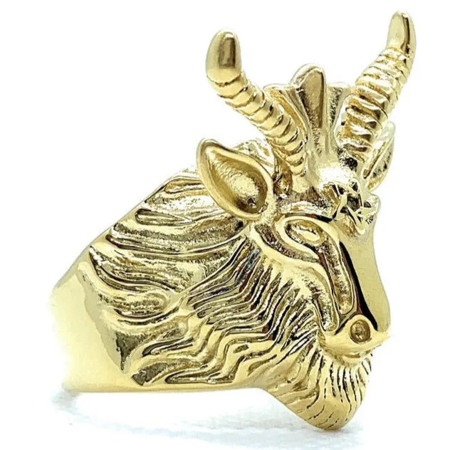 Goat Head With Horns Biker Ring (#268Gold)