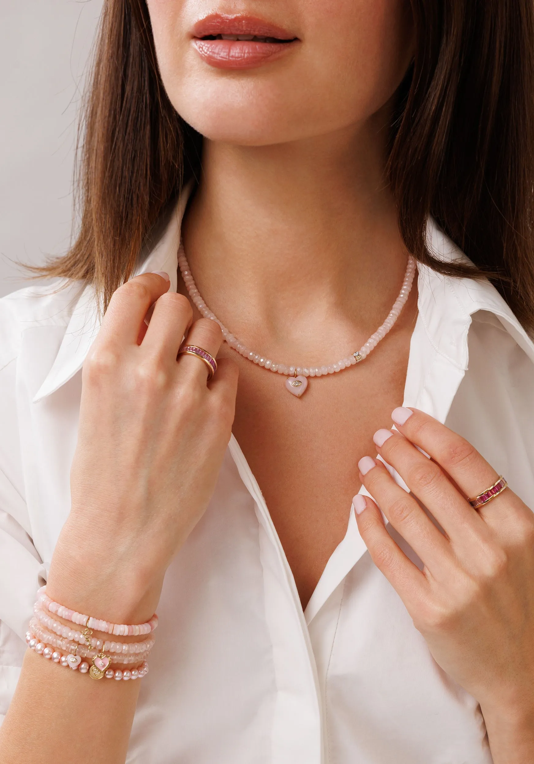 Gold, Diamond & Pink Opal Heart Beaded Necklace