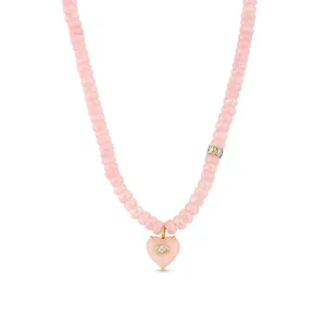 Gold, Diamond & Pink Opal Heart Beaded Necklace