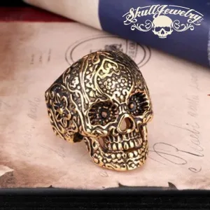 GOLD-Tone 'All Saints Day' Vintage Flower Skull Ring (499)