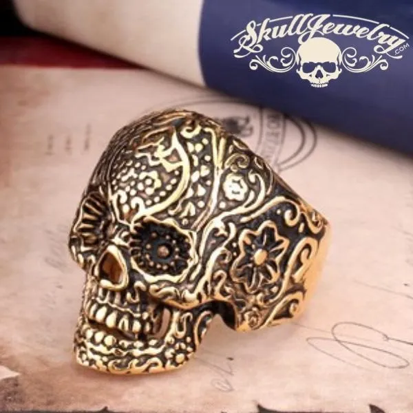 GOLD-Tone 'All Saints Day' Vintage Flower Skull Ring (499)