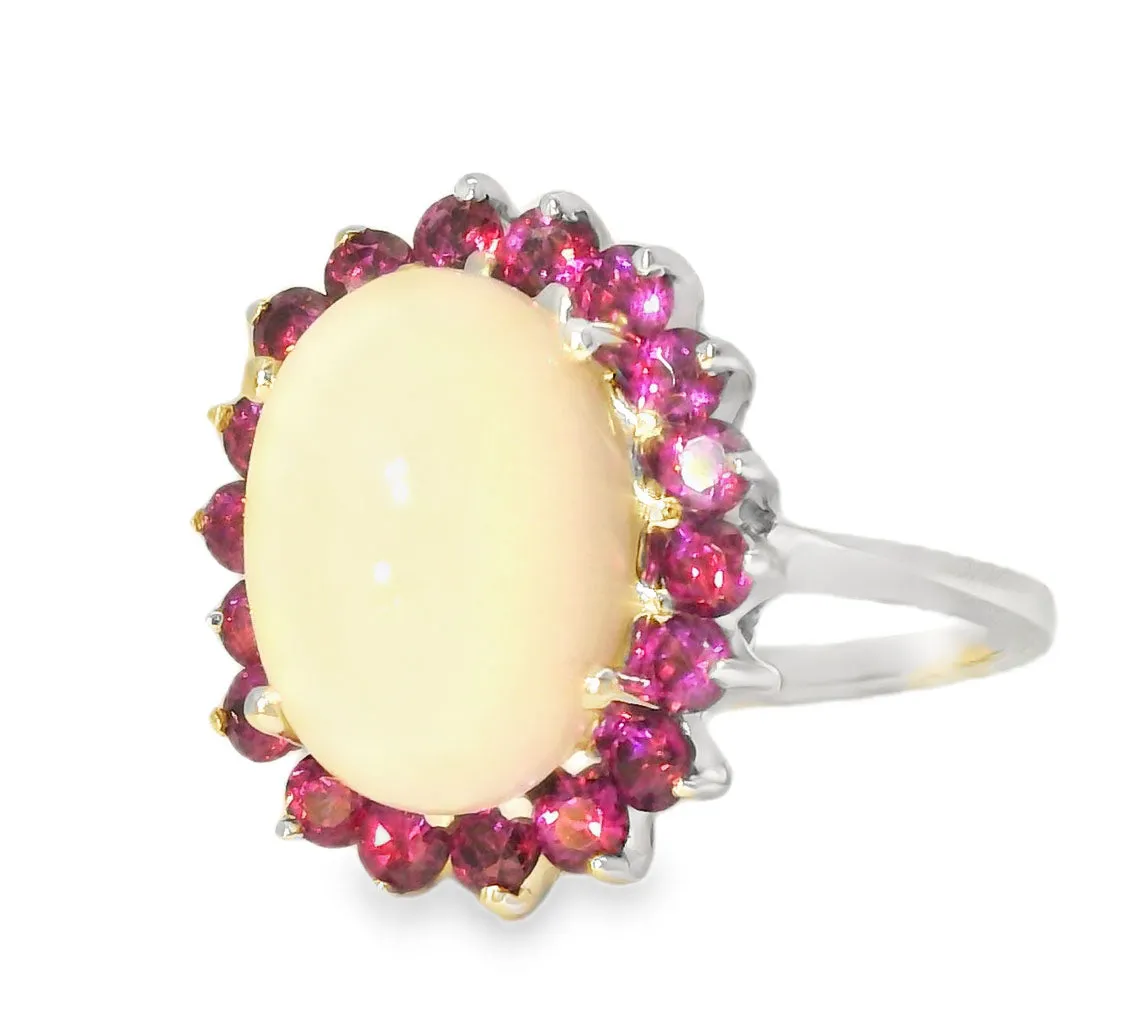 Gorgeous Estate 14K White Gold Huge Opal Rhodolite Garnet Filigree Ring