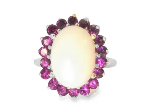 Gorgeous Estate 14K White Gold Huge Opal Rhodolite Garnet Filigree Ring