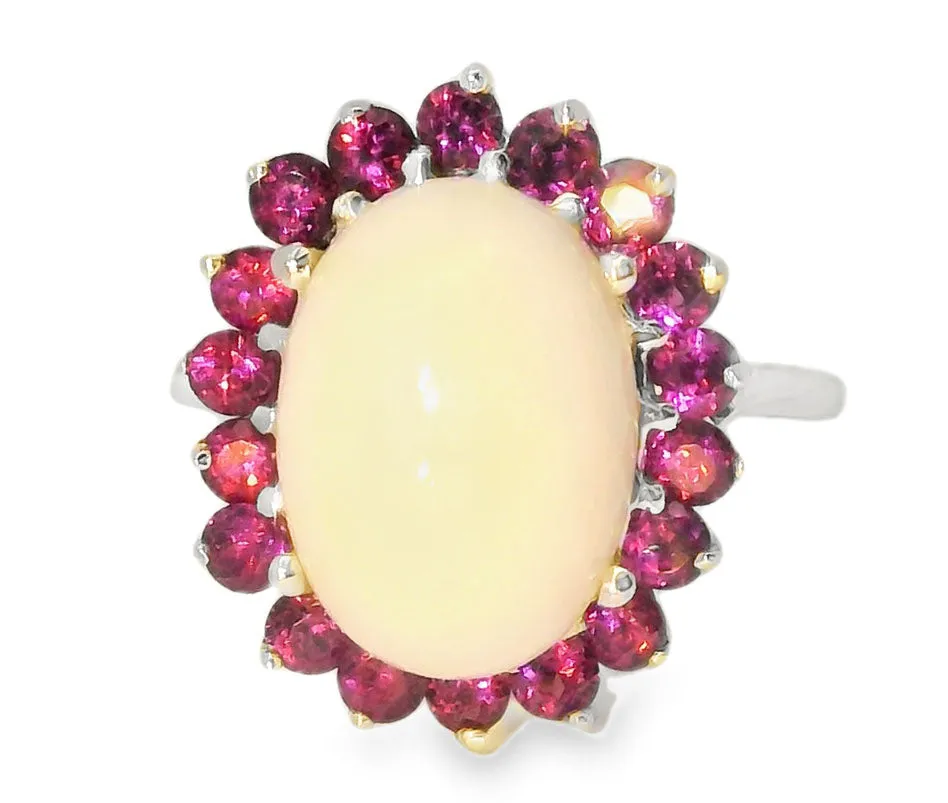 Gorgeous Estate 14K White Gold Huge Opal Rhodolite Garnet Filigree Ring