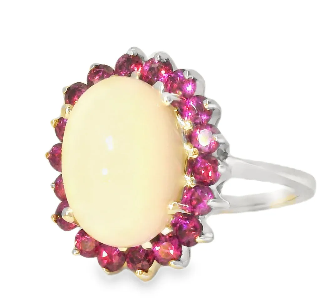 Gorgeous Estate 14K White Gold Huge Opal Rhodolite Garnet Filigree Ring