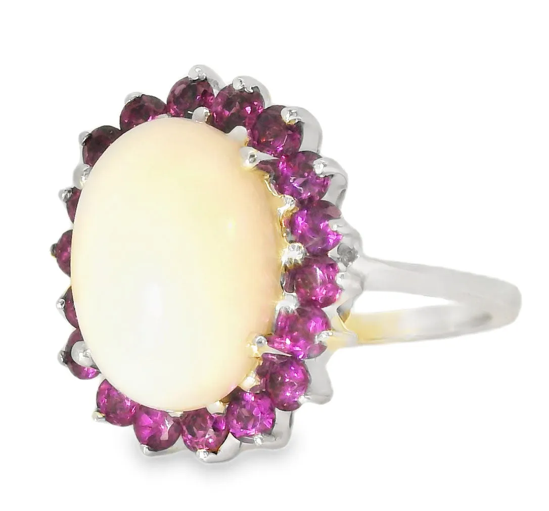 Gorgeous Estate 14K White Gold Huge Opal Rhodolite Garnet Filigree Ring