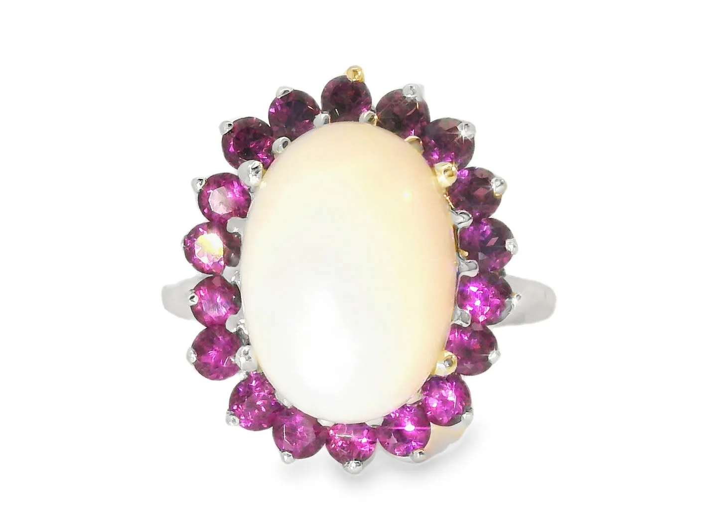 Gorgeous Estate 14K White Gold Huge Opal Rhodolite Garnet Filigree Ring