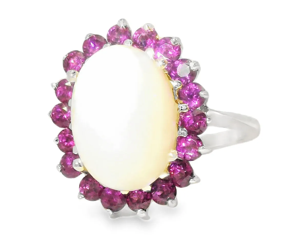 Gorgeous Estate 14K White Gold Huge Opal Rhodolite Garnet Filigree Ring