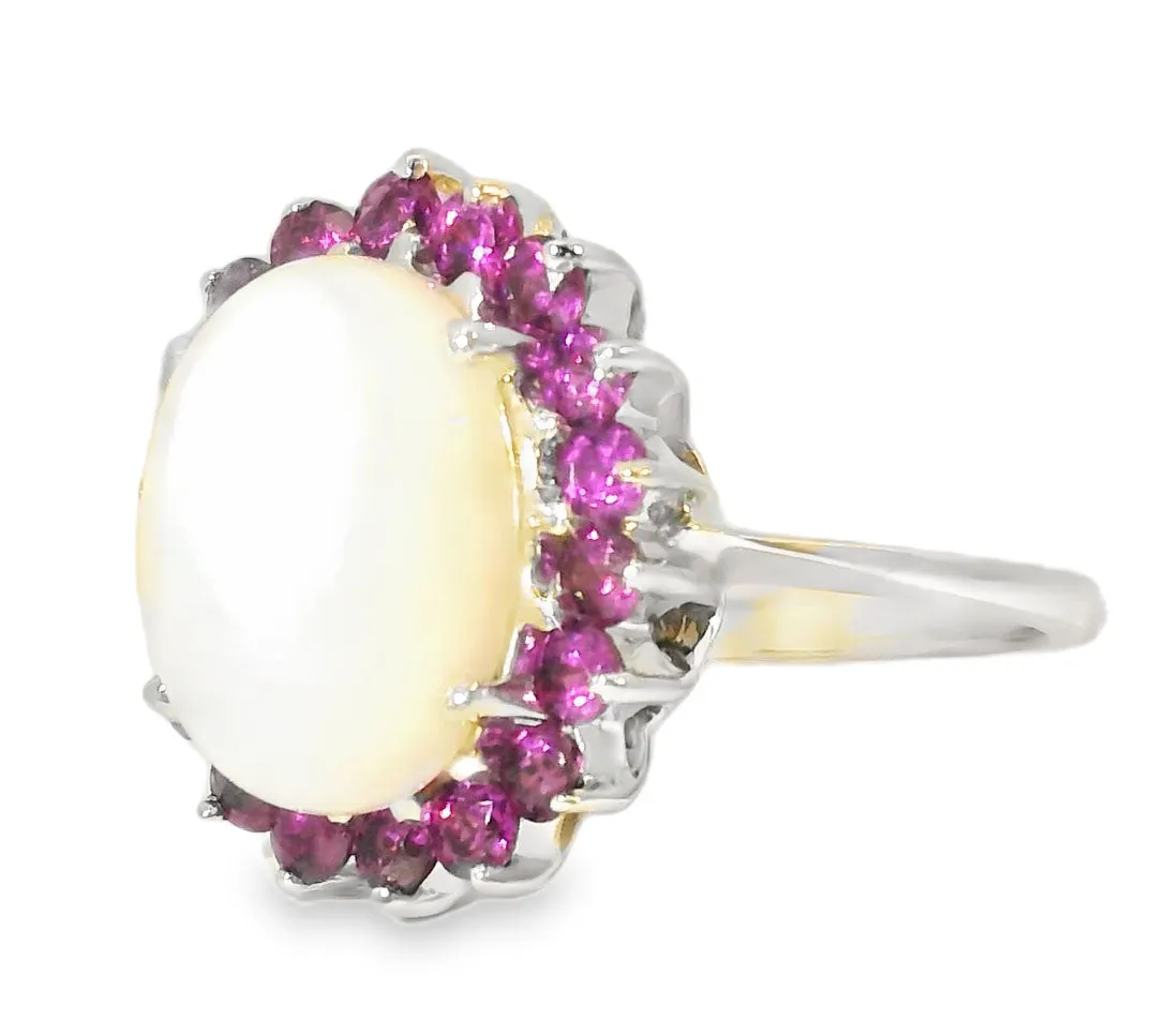 Gorgeous Estate 14K White Gold Huge Opal Rhodolite Garnet Filigree Ring