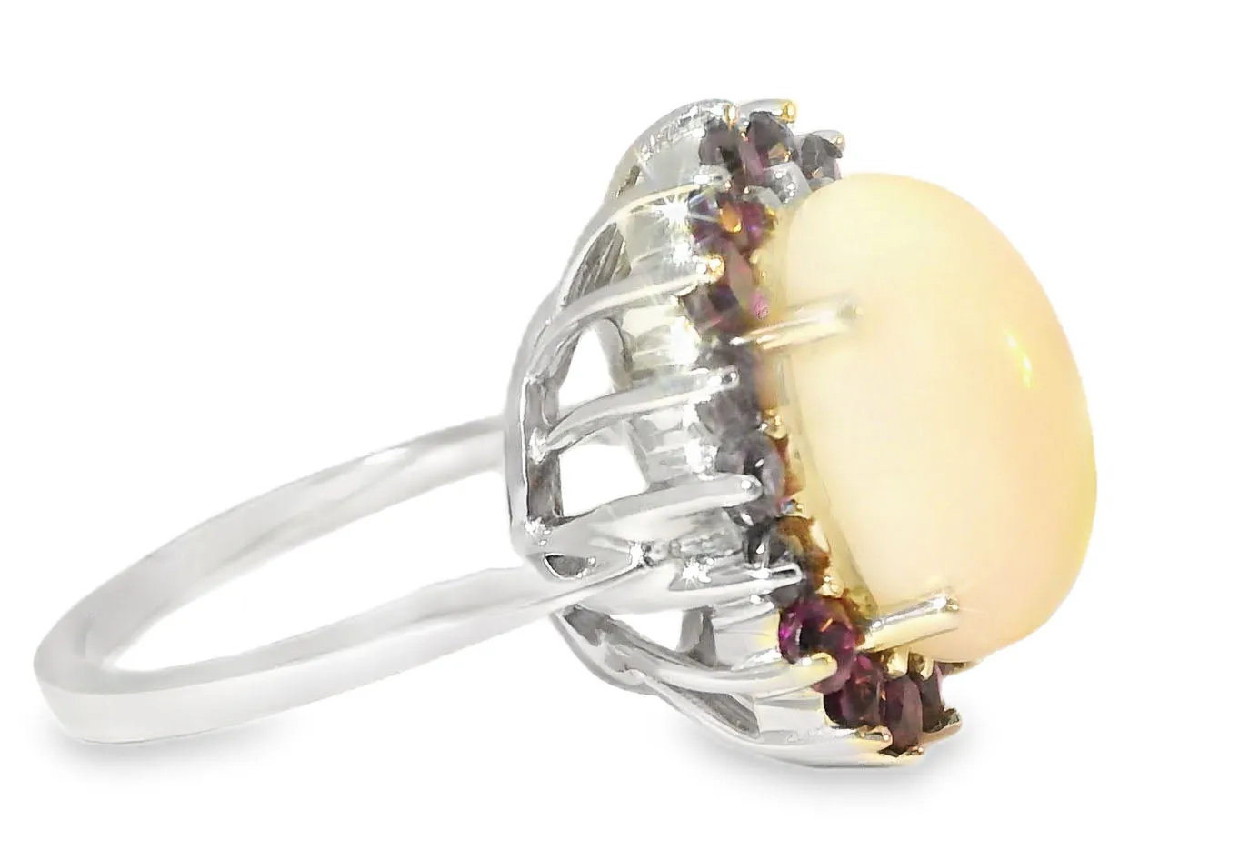 Gorgeous Estate 14K White Gold Huge Opal Rhodolite Garnet Filigree Ring