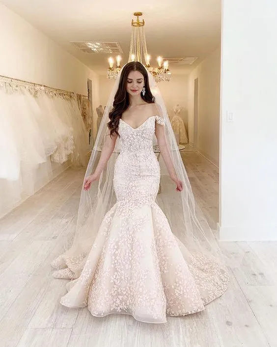 Gorgeous Mermaid Lace Wedding Dresses Off The Shoulder Sexy Trumpet Wedding Gown for Brides