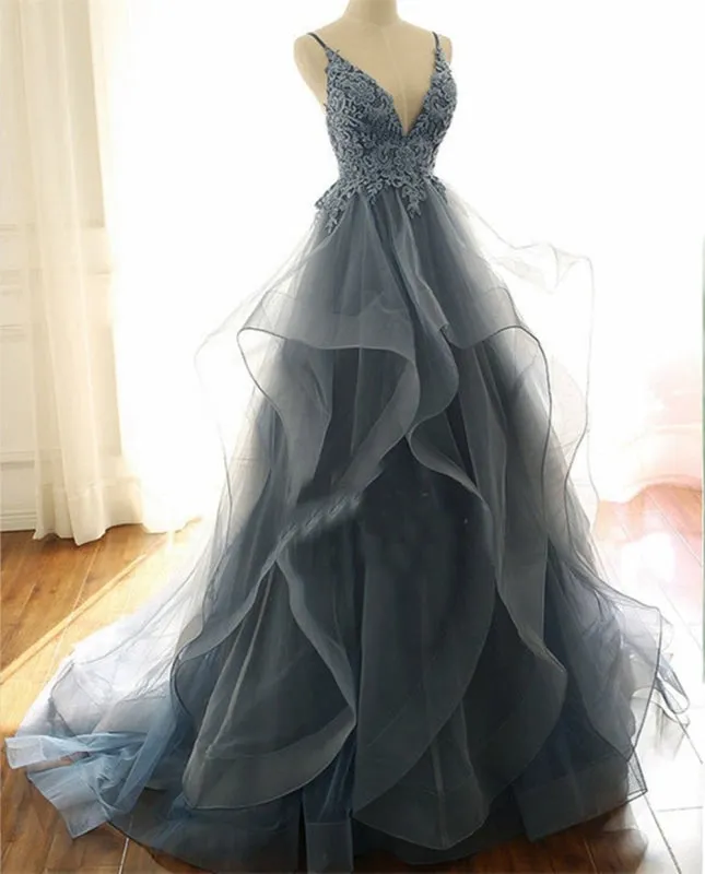 Gorgeous Spaghetti Straps Navy Prom Dress V Neck Ruffles Party Dress