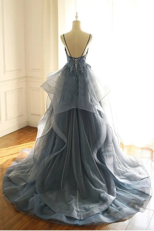 Gorgeous Spaghetti Straps Navy Prom Dress V Neck Ruffles Party Dress