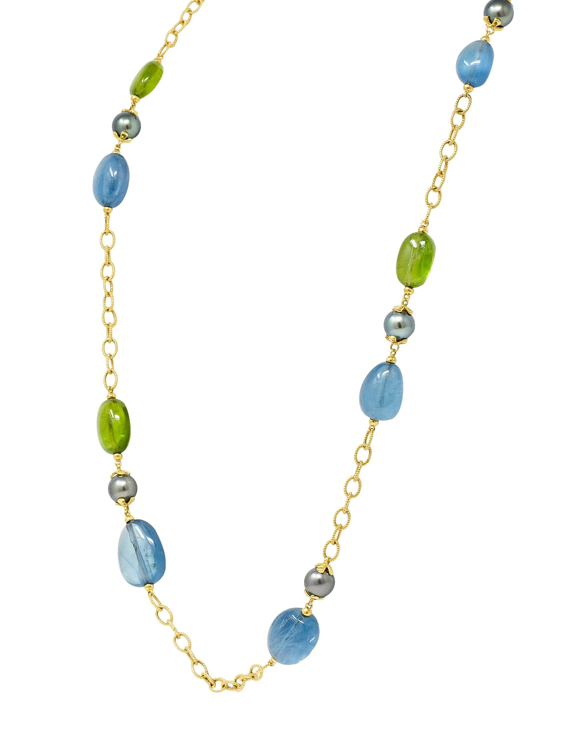 Goshwara Aquamarine Peridot Tahitian Pearl 18 Karat Gold Long Chain Station Necklace