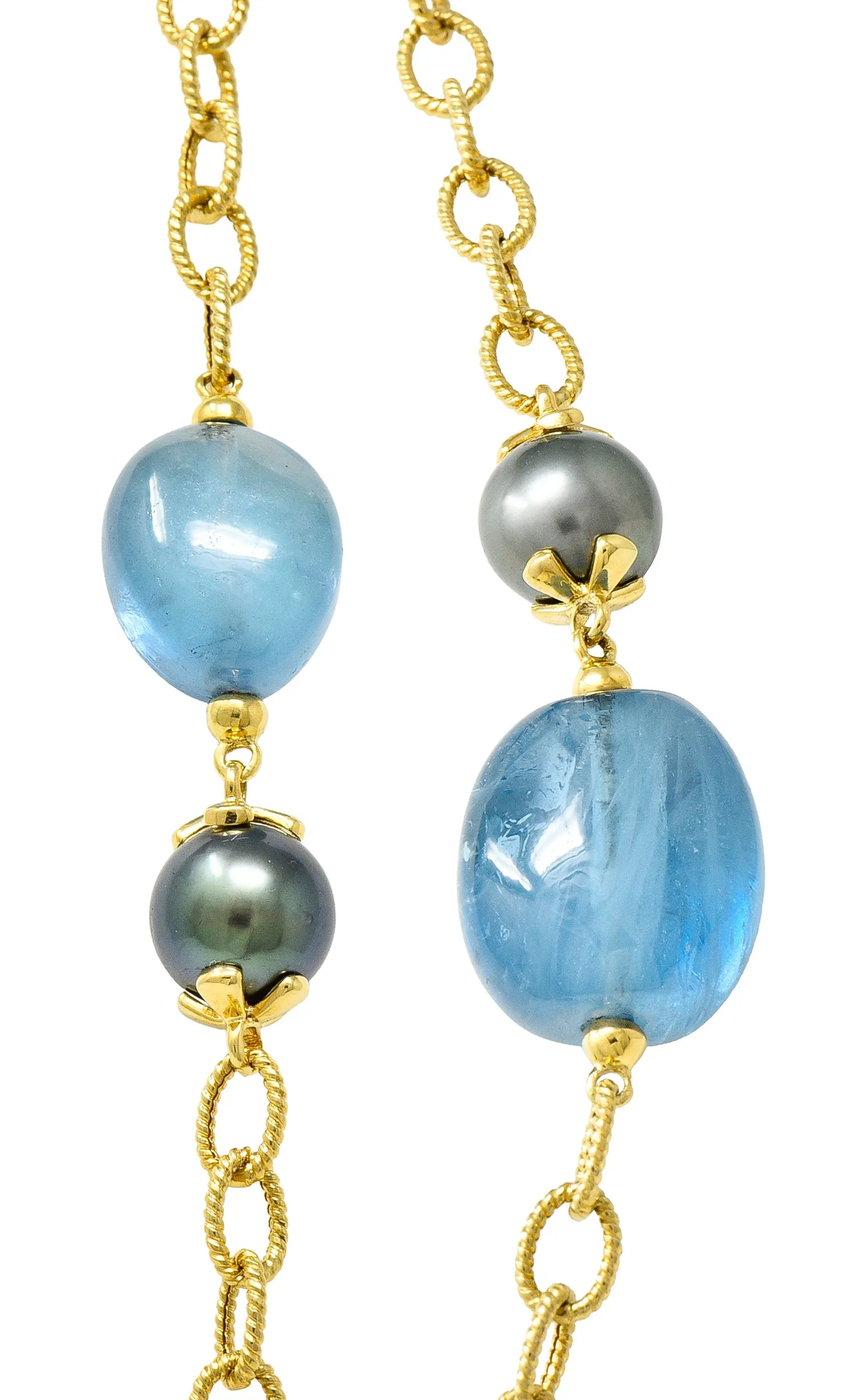 Goshwara Aquamarine Peridot Tahitian Pearl 18 Karat Gold Long Chain Station Necklace
