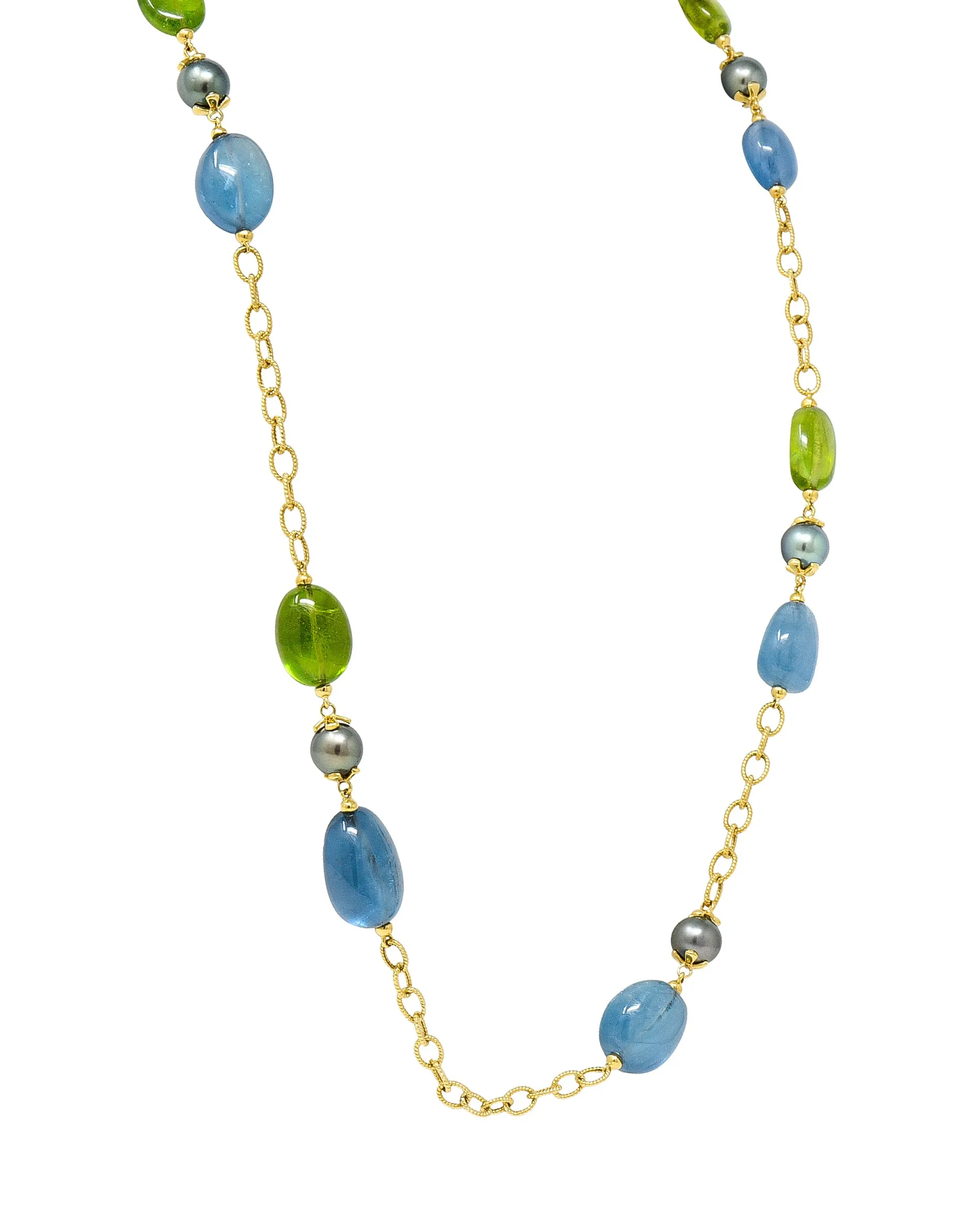 Goshwara Aquamarine Peridot Tahitian Pearl 18 Karat Gold Long Chain Station Necklace
