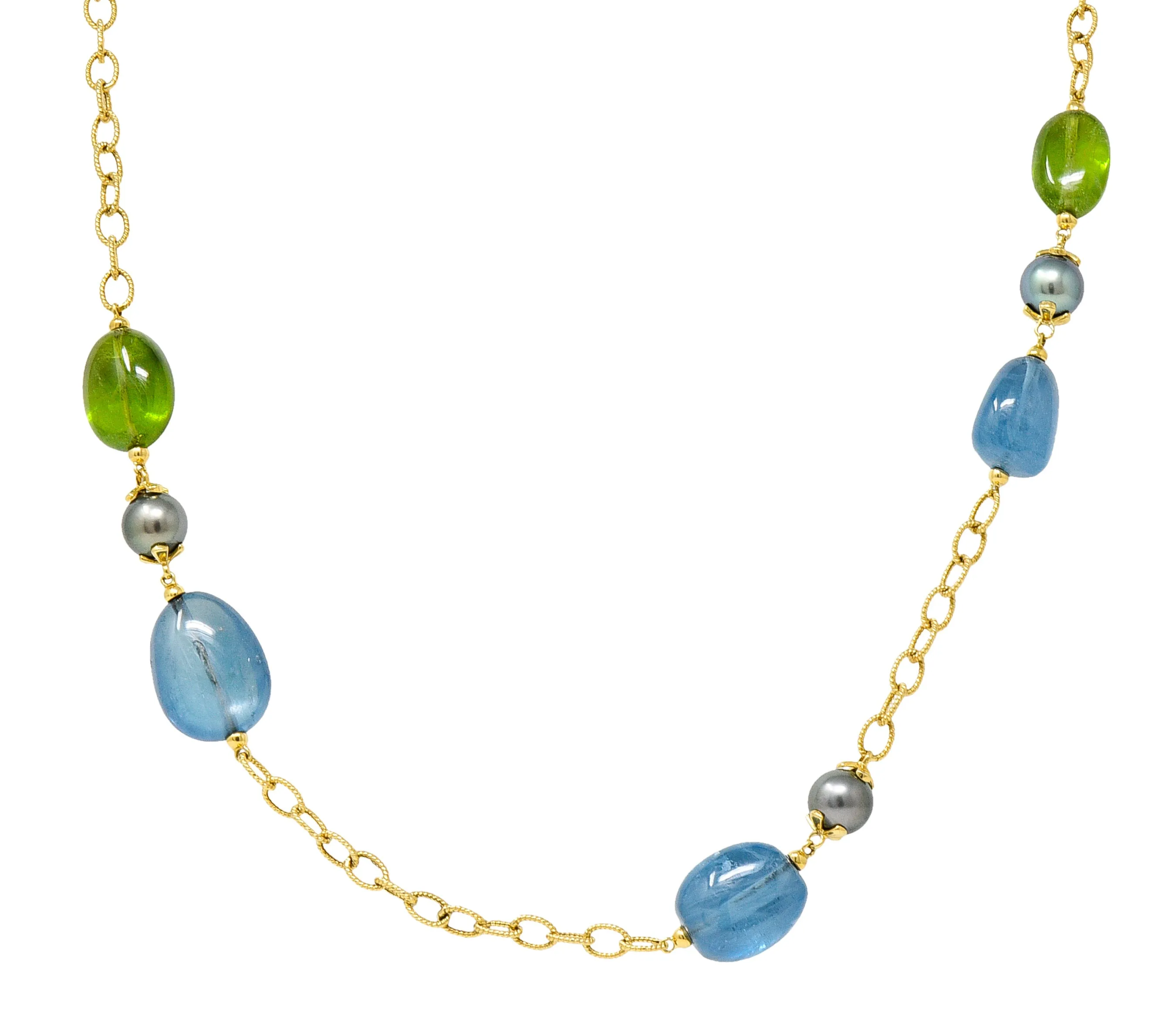 Goshwara Aquamarine Peridot Tahitian Pearl 18 Karat Gold Long Chain Station Necklace