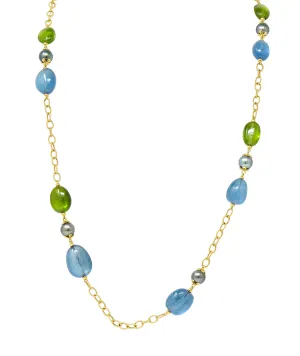 Goshwara Aquamarine Peridot Tahitian Pearl 18 Karat Gold Long Chain Station Necklace
