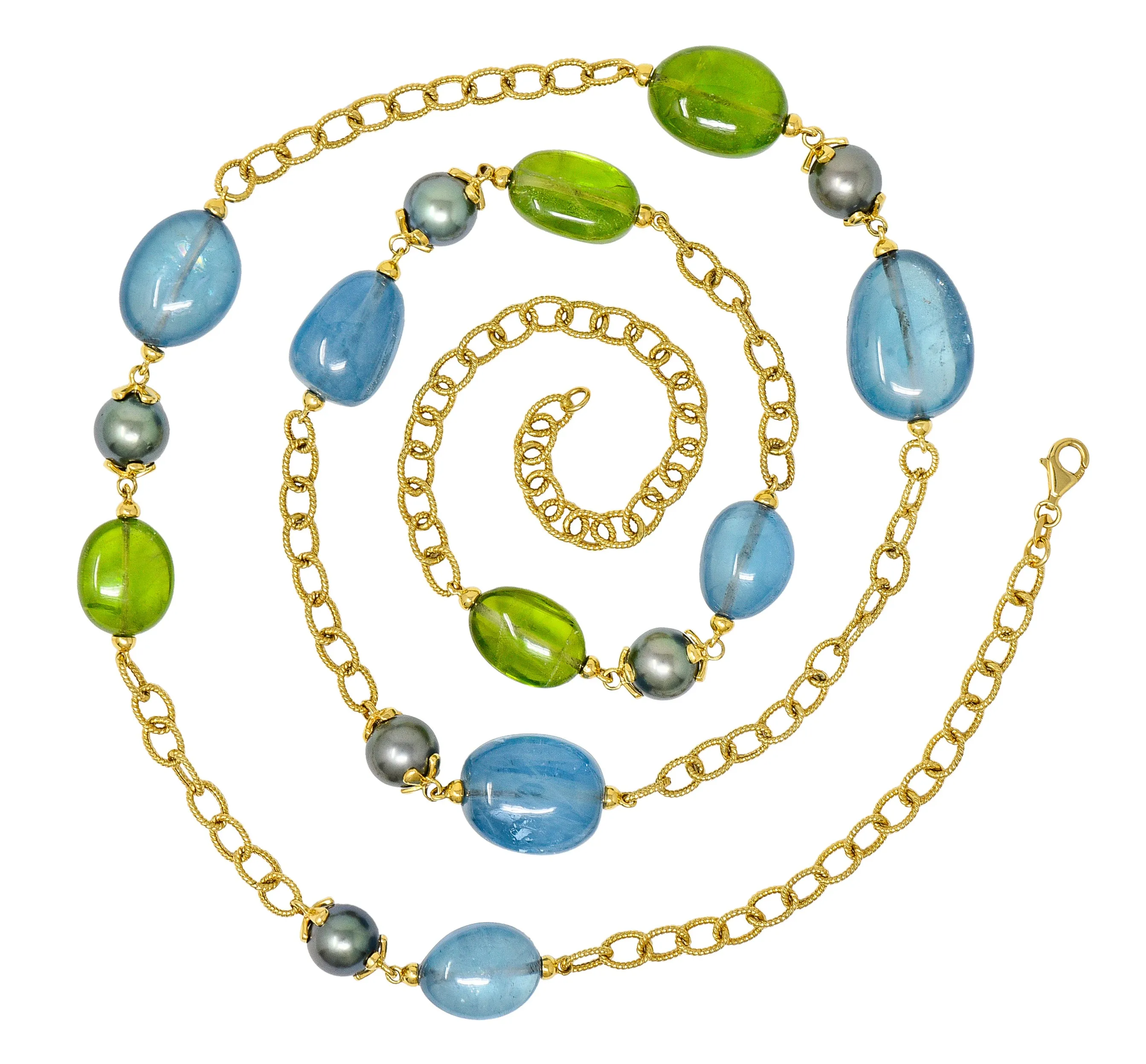 Goshwara Aquamarine Peridot Tahitian Pearl 18 Karat Gold Long Chain Station Necklace