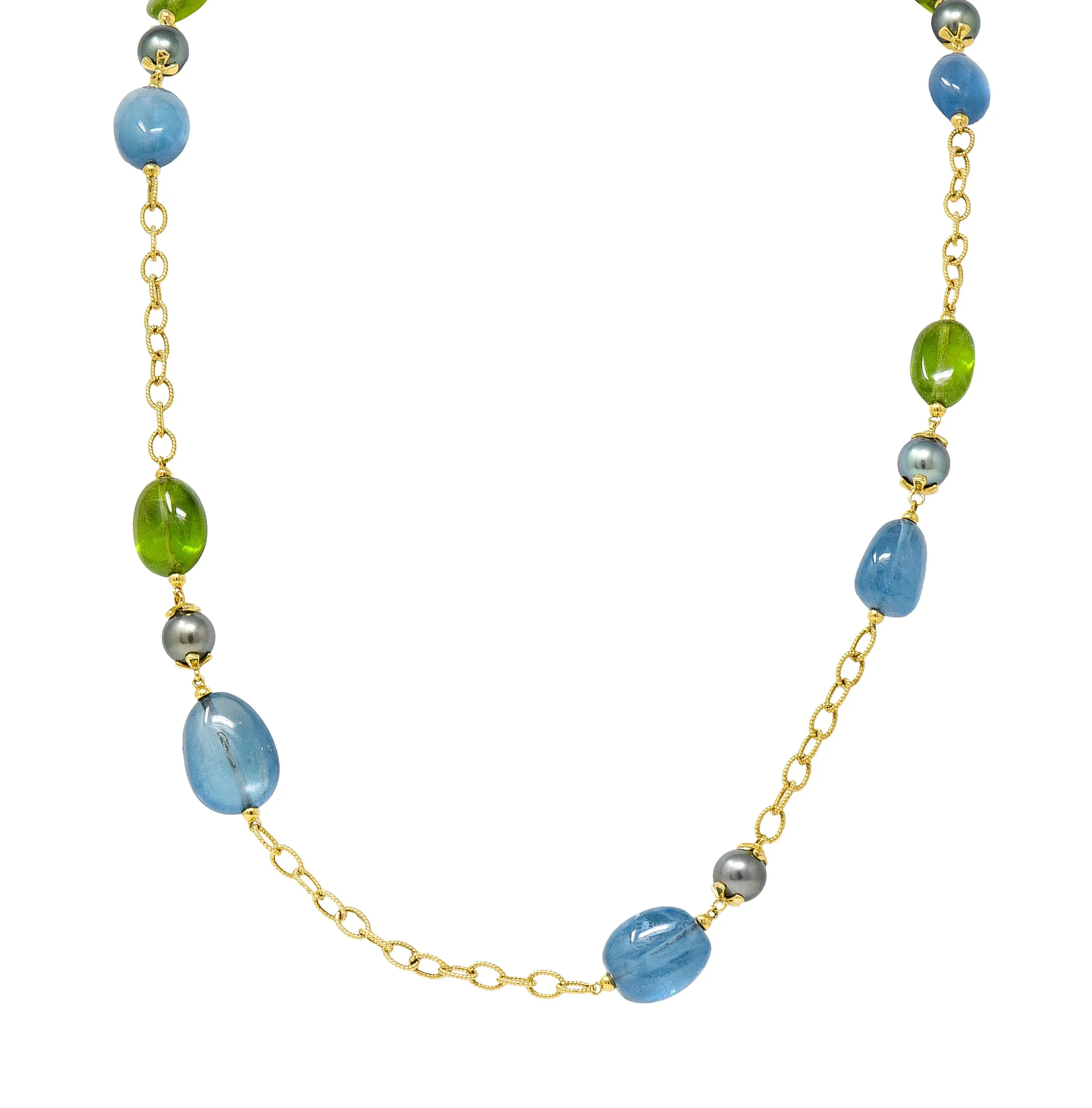 Goshwara Aquamarine Peridot Tahitian Pearl 18 Karat Gold Long Chain Station Necklace