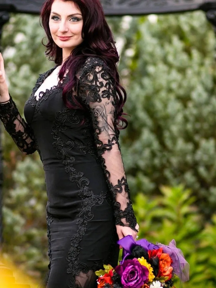 Gothic Black Lace Mermaid Bridal Dress With Long Sleeves See Through Back And Sweep Train