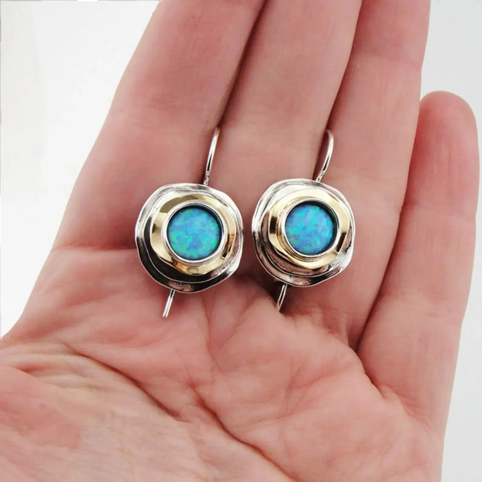 Hadar Designers 9k Yellow Gold 925 Sterling Silver Blue Opal Earrings (ms 1103)