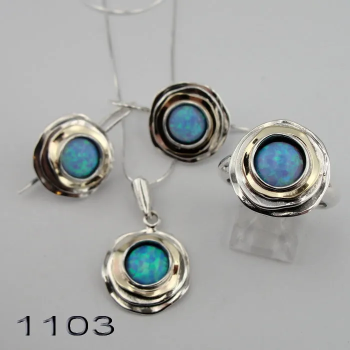 Hadar Designers 9k Yellow Gold 925 Sterling Silver Blue Opal Earrings (ms 1103)