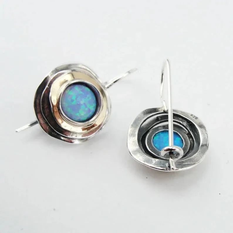 Hadar Designers 9k Yellow Gold 925 Sterling Silver Blue Opal Earrings (ms 1103)