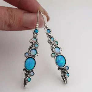 Hadar Designers Handmade Dangle Sterling 925 Silver Blue Opal Earrings (H 2151