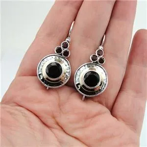 Hadar Designers Handmade Long 9k Yellow Gold Sterling Silver Garnet Earrings (Ms