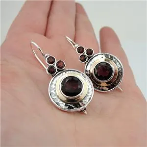 Hadar Designers Handmade Long 9k Yellow Gold Sterling Silver Garnet Earrings (Ms