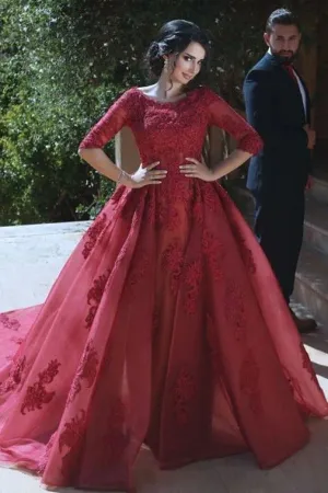 Half Sleeves Lace Evening Dress with Appliques Chapel Train