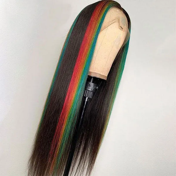 Highlight Skunk Stripe Rainbow 4x4 13x4 Lace Wigs Pre Plucked With Baby Hair