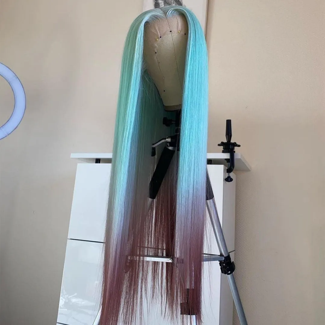 Human Hair Mint Green Ombre Color Lace Front Fashion Wig