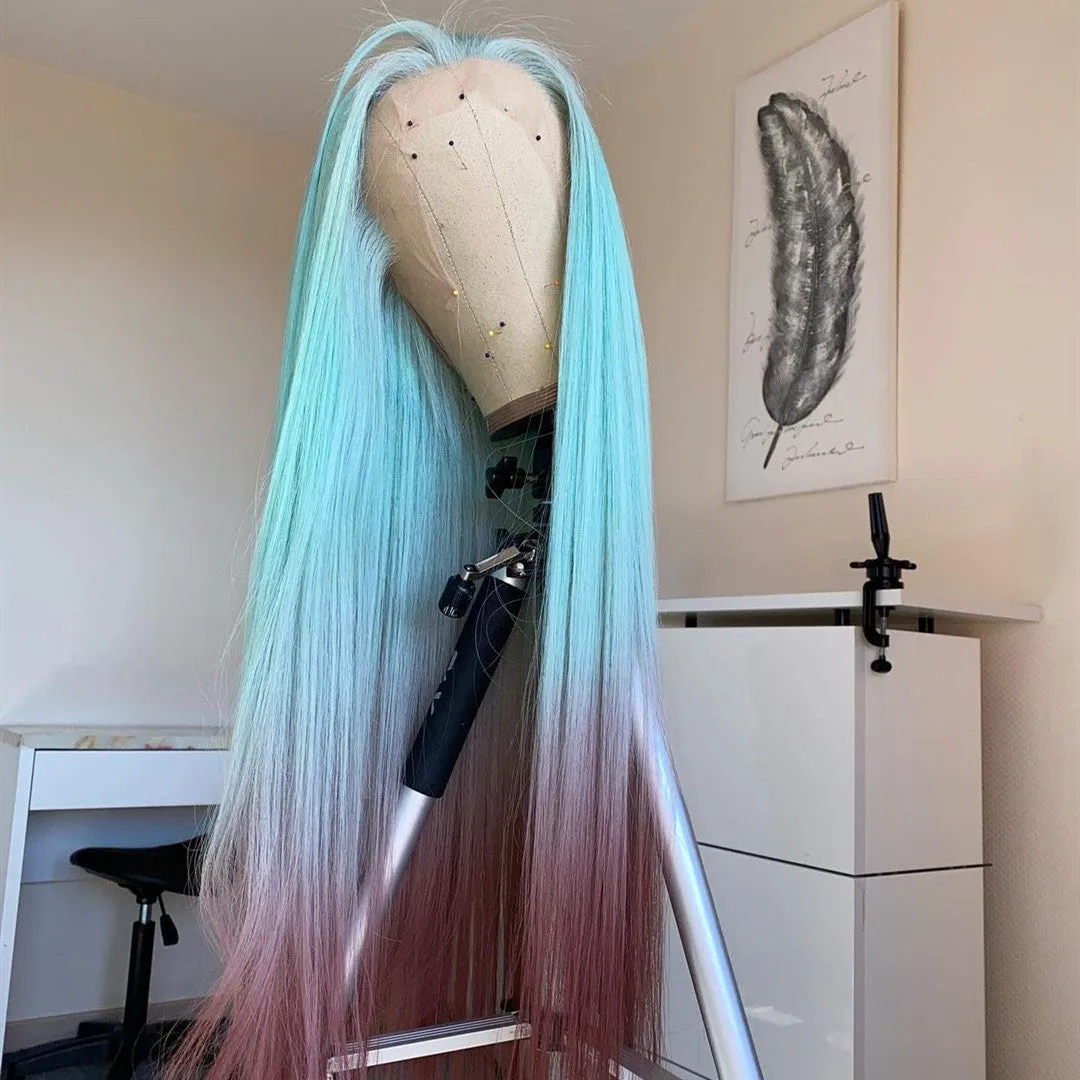 Human Hair Mint Green Ombre Color Lace Front Fashion Wig